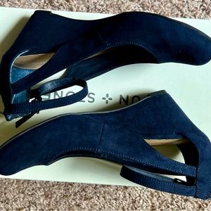 Sun & Stone suede Navy Blue wedges with zipper back front strap Mary Jane 5